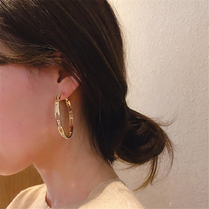 FYUAN Golden Round Crystal Hoop Earrings for Women Bijoux Geometric