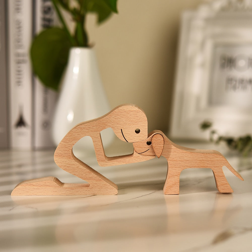 Family Puppy Wood Dog Craft Figurine Desktop Table Ornament