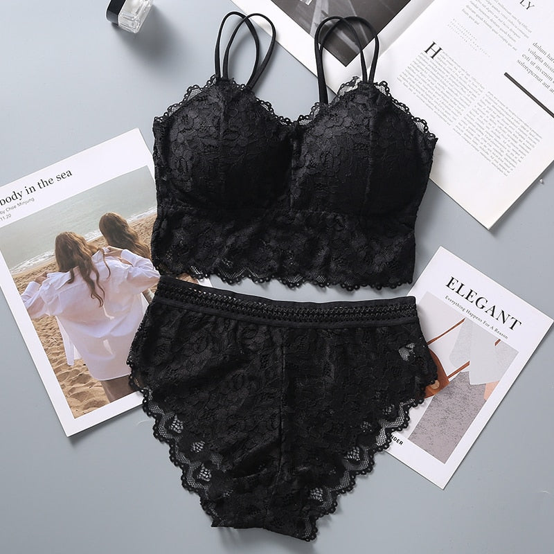 et French Bralette Lace Panties Cropped Bra Pantys Set Female