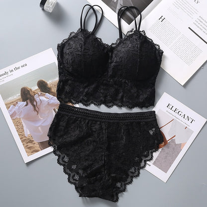 et French Bralette Lace Panties Cropped Bra Pantys Set Female