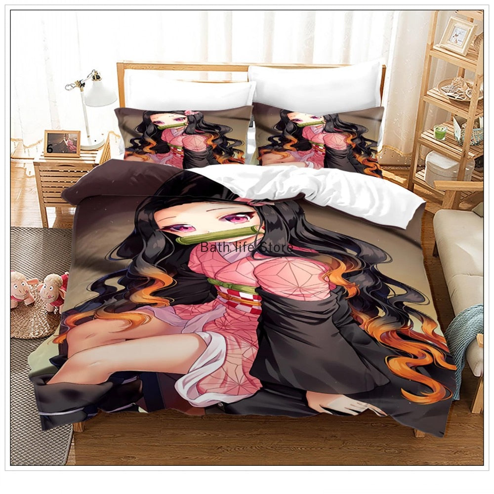 Kamado Tanjirou Kamado Nezuko Print Cartoons Custom Bedding Set Demon Slayer Cartoons Gift Duvet Cover Set Queen 3pcs