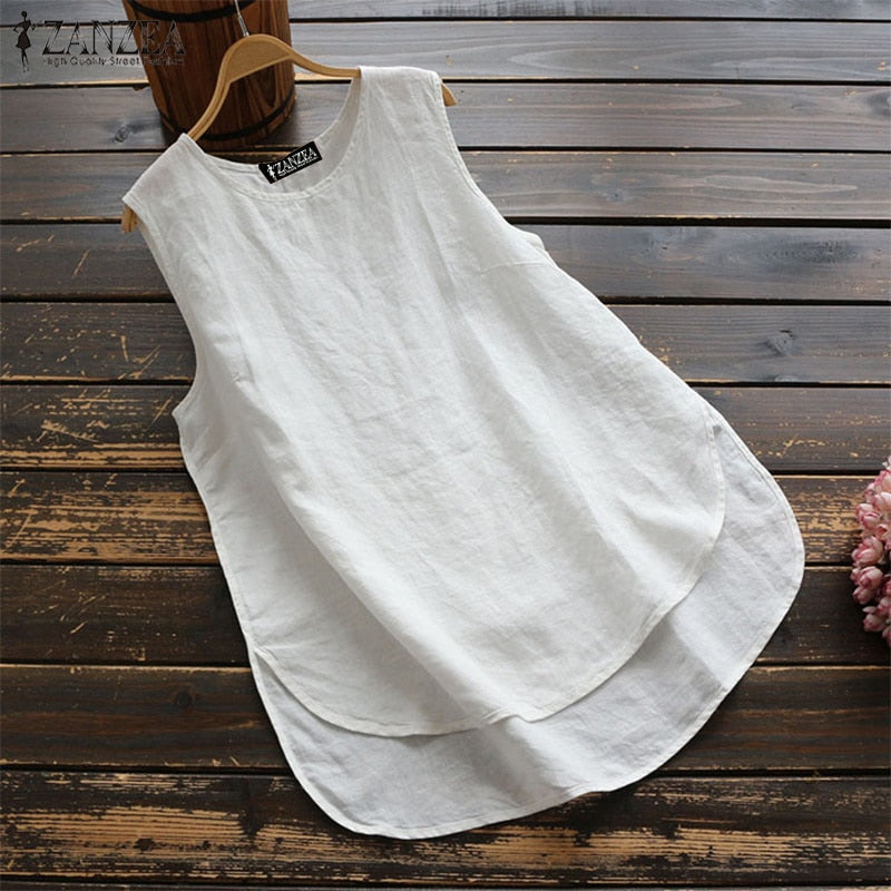 Women&#39;s Irregular Blouse ZANZEA 2022  Tanks Tops Casual Linen Blusas Female Sleeveless Chemise Summer Tee Shirts