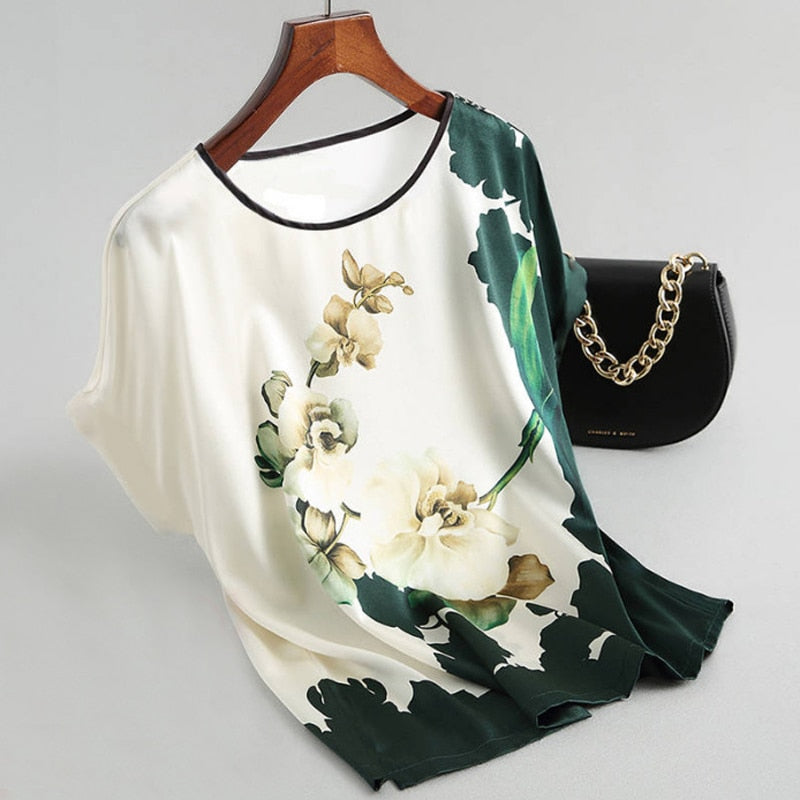 Fashion Floral Print Blouse Pullover Ladies Silk Satin Blouses Plus