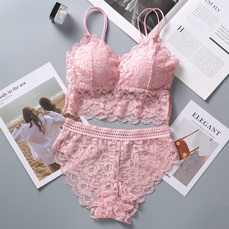 et French Bralette Lace Panties Cropped Bra Pantys Set Female