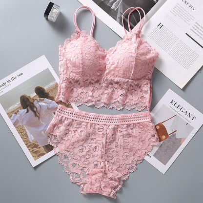 et French Bralette Lace Panties Cropped Bra Pantys Set Female