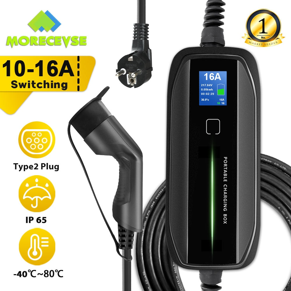 Morec EVSE Electric Car Vehicle Type 2 Portable EV Charger Charging Box Cable 3.6KW Switchable 10/16A Schuko Plug with 6M Cable