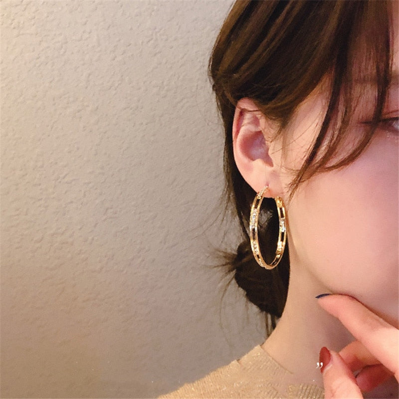 FYUAN Golden Round Crystal Hoop Earrings for Women Bijoux Geometric