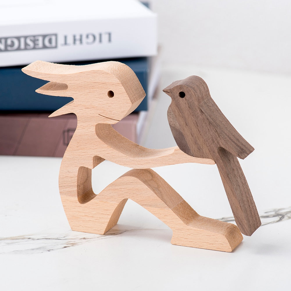 Family Puppy Wood Dog Craft Figurine Desktop Table Ornament