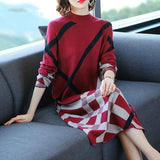Knitting Women Plaid Dress Sweater Patchwork Turtleneck Pullover Bottom