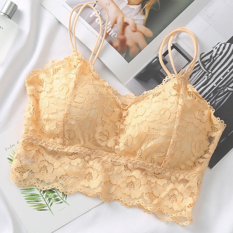 et French Bralette Lace Panties Cropped Bra Pantys Set Female