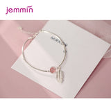 Vintage Style Feather Jewelry Bangle for Ladies Fine 925 Sterling Silver with Pink Strawberry Stone Adjustable Bracelets