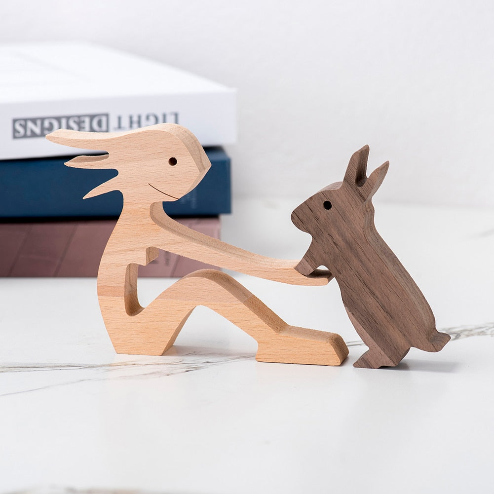 Family Puppy Wood Dog Craft Figurine Desktop Table Ornament