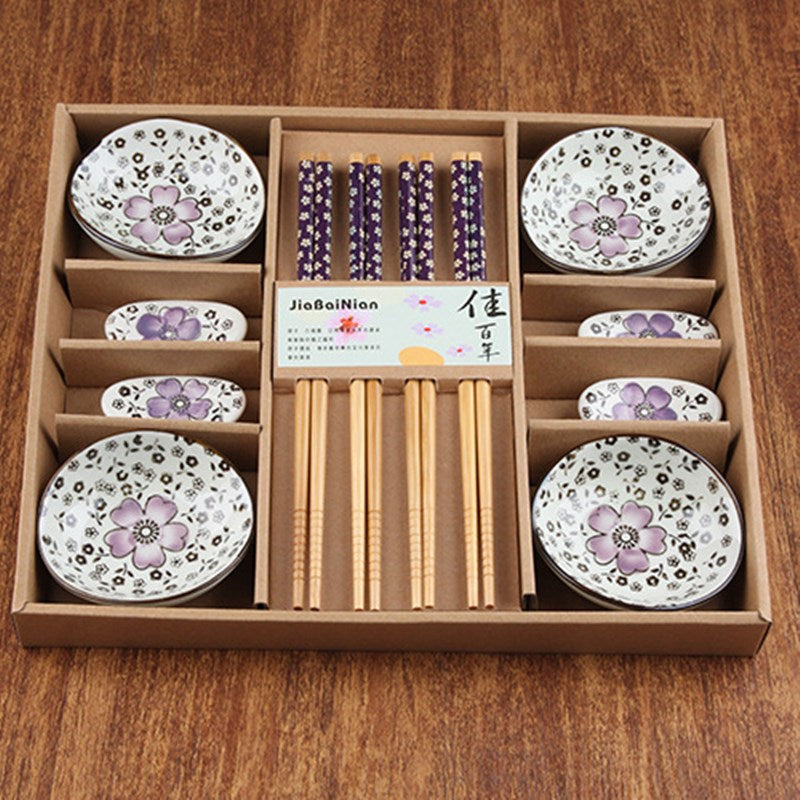 Korean Plate Chopsticks Ceramic Tableware Set Gift Box Cherry Blossom Sushi Sashimi Soysauce Dish