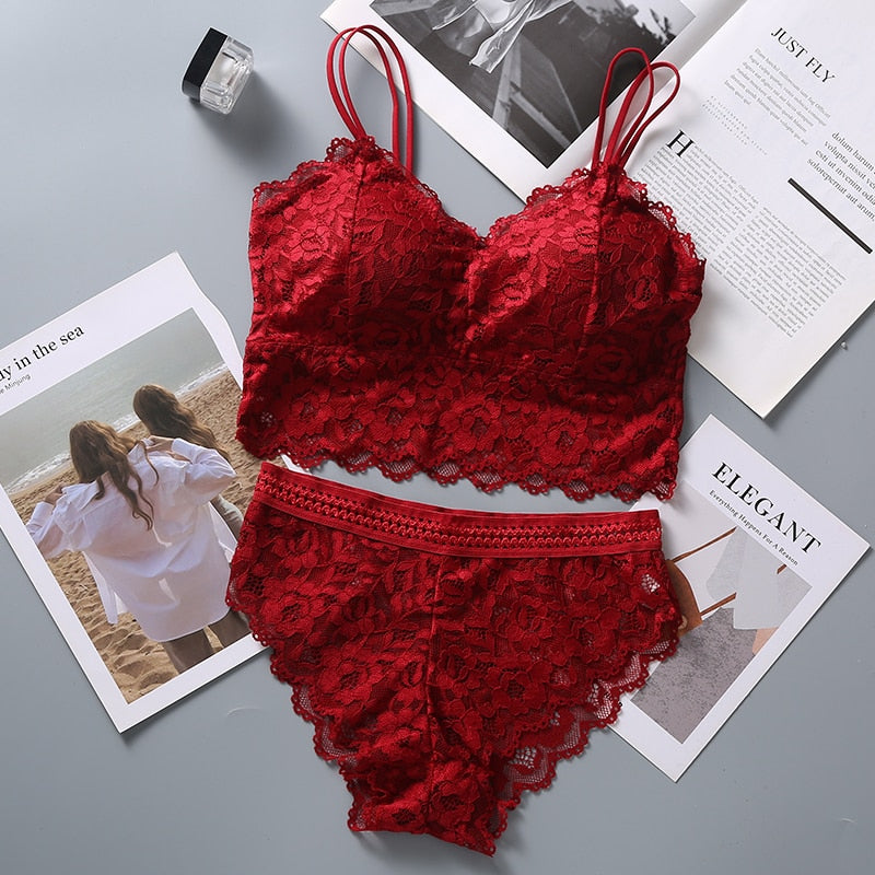 et French Bralette Lace Panties Cropped Bra Pantys Set Female