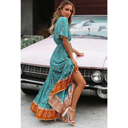 BOHO INSPIRED blus floral maxi dress V-neck button down lace
