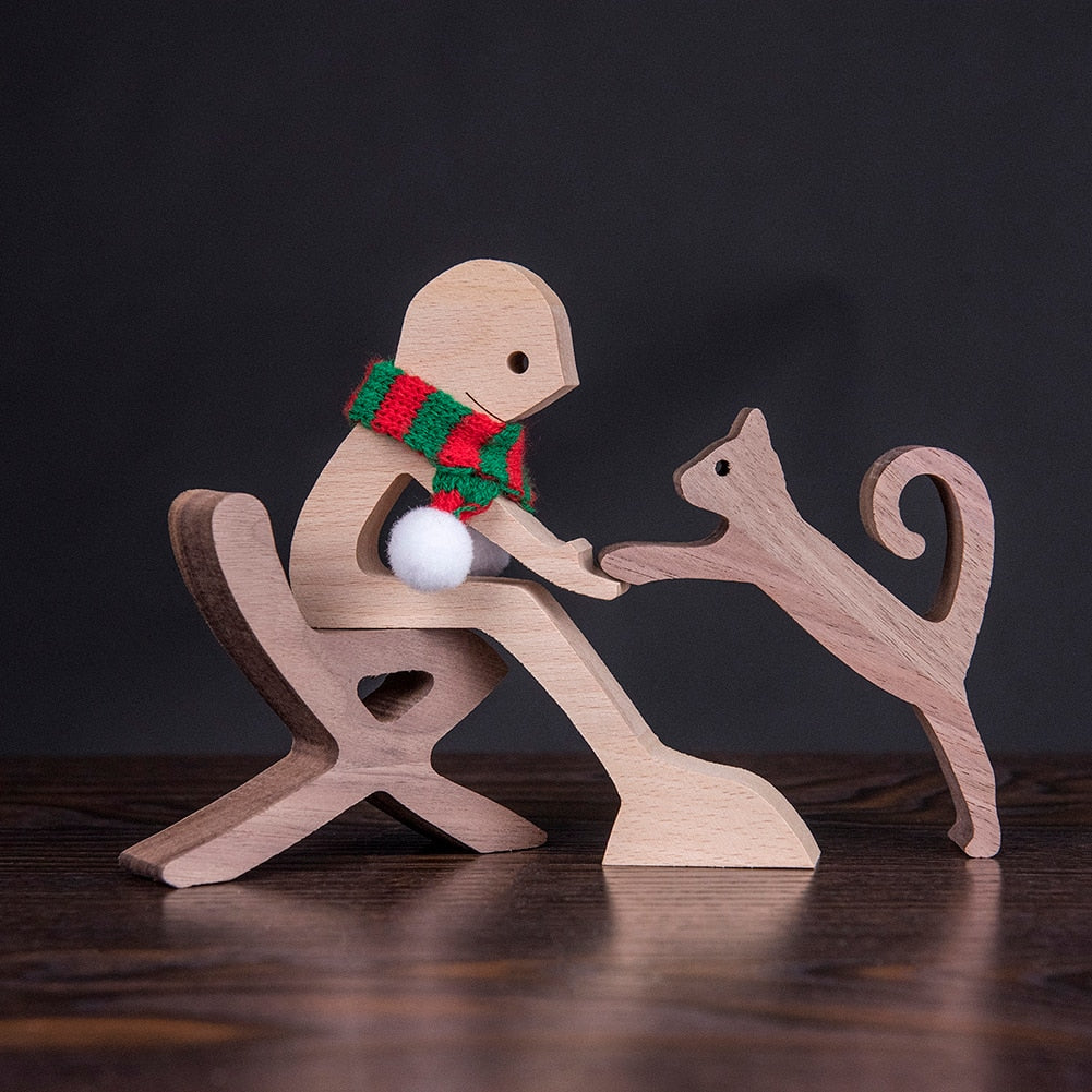 Family Puppy Wood Dog Craft Figurine Desktop Table Ornament