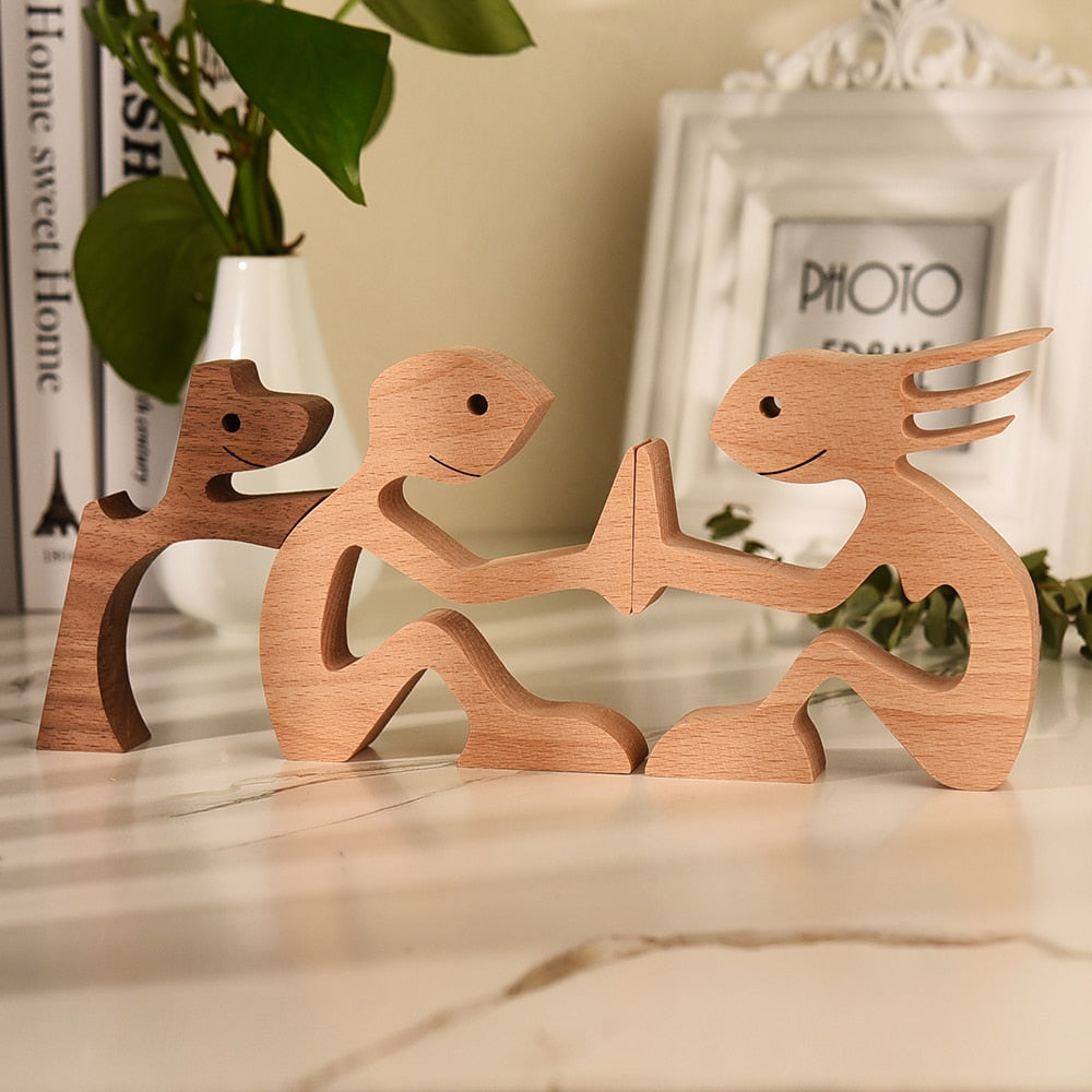 Family Puppy Wood Dog Craft Figurine Desktop Table Ornament