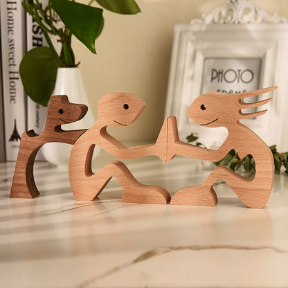 Family Puppy Wood Dog Craft Figurine Desktop Table Ornament