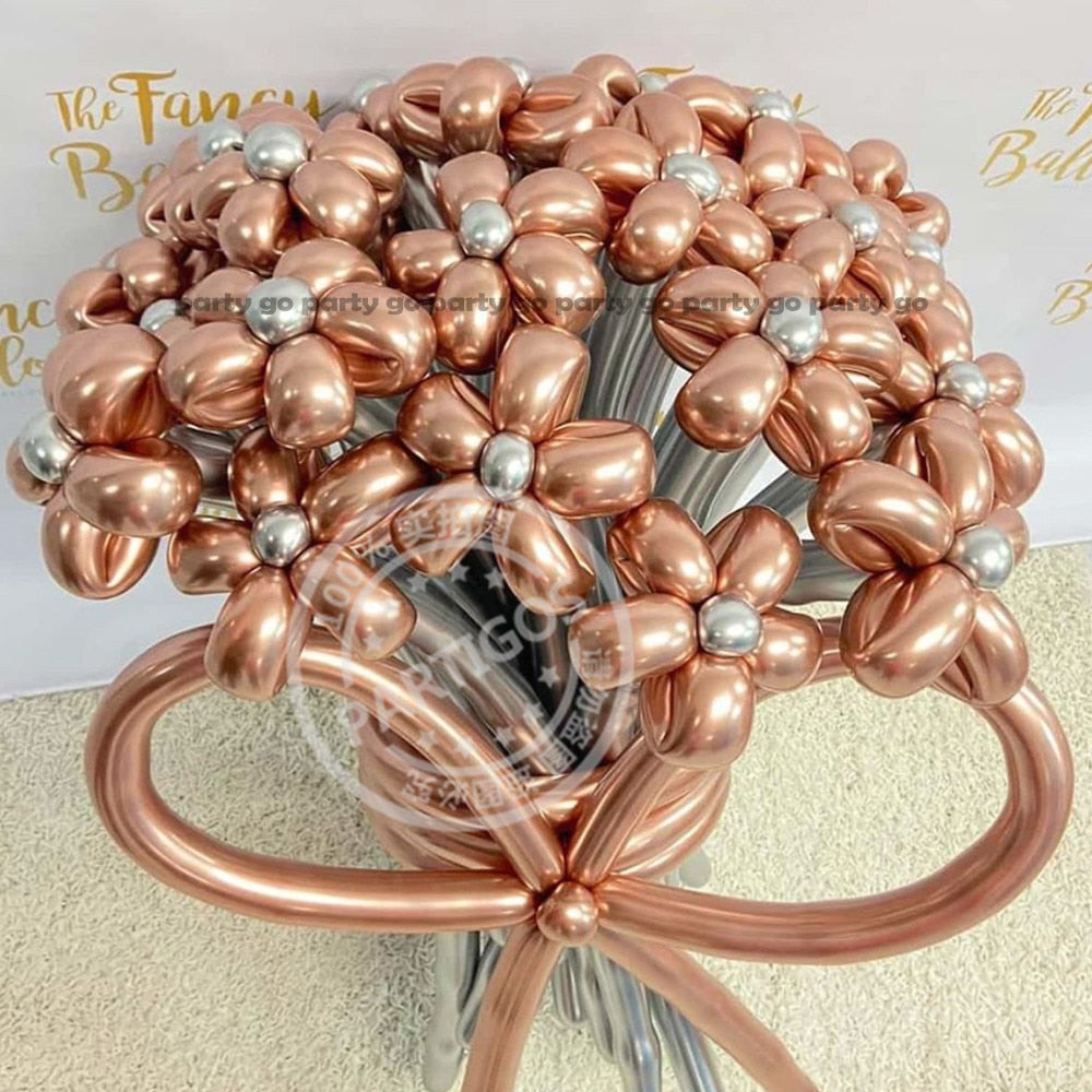 50pcs Magic Long Metallic Balloons DIY Rose Gold Chrome Twisting Strip Ball Selfmade Flower Shape Valentines Gifts Wedding Decor