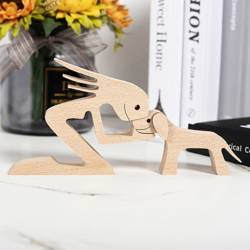 Family Puppy Wood Dog Craft Figurine Desktop Table Ornament