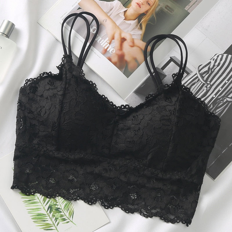 et French Bralette Lace Panties Cropped Bra Pantys Set Female