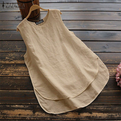 Women&#39;s Irregular Blouse ZANZEA 2022  Tanks Tops Casual Linen Blusas Female Sleeveless Chemise Summer Tee Shirts