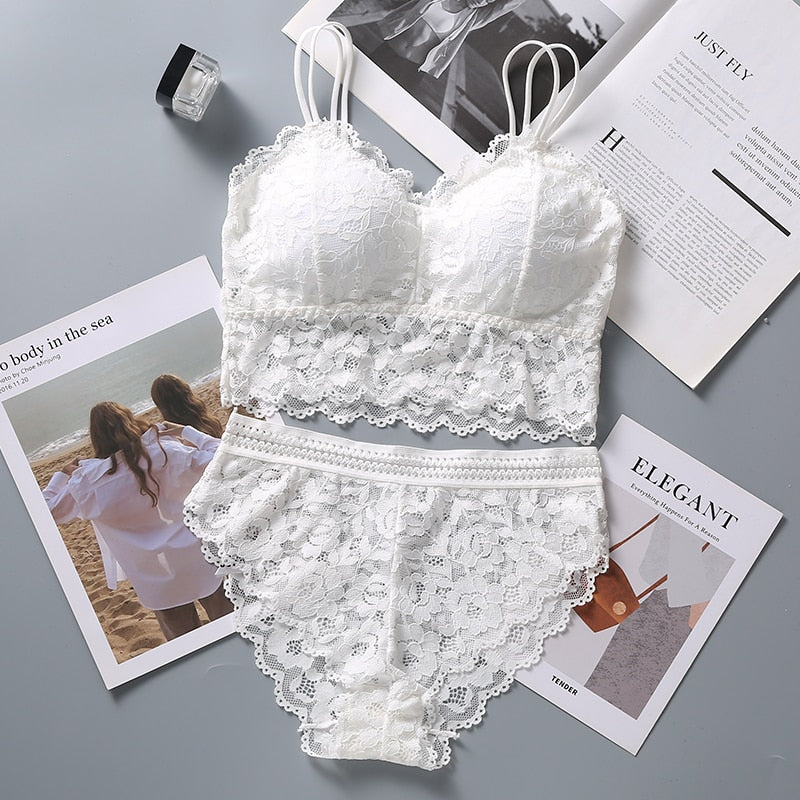 et French Bralette Lace Panties Cropped Bra Pantys Set Female