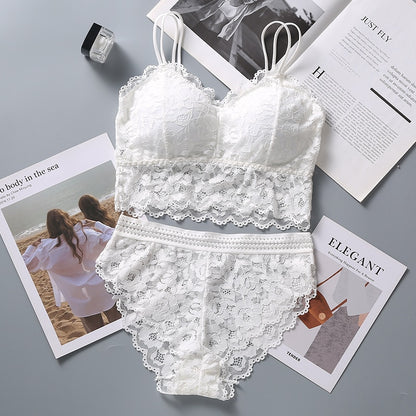 et French Bralette Lace Panties Cropped Bra Pantys Set Female