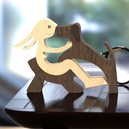 Family Puppy Wood Dog Craft Figurine Desktop Table Ornament