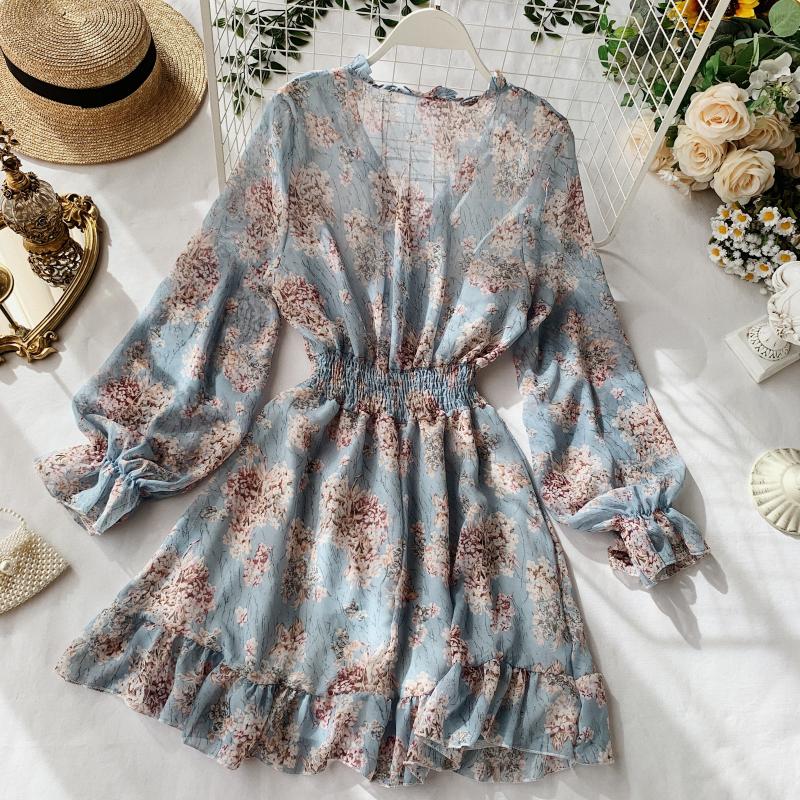 2019 new fashion women's French dress female temperament V-neck long-sleeved chiffon floral dresses