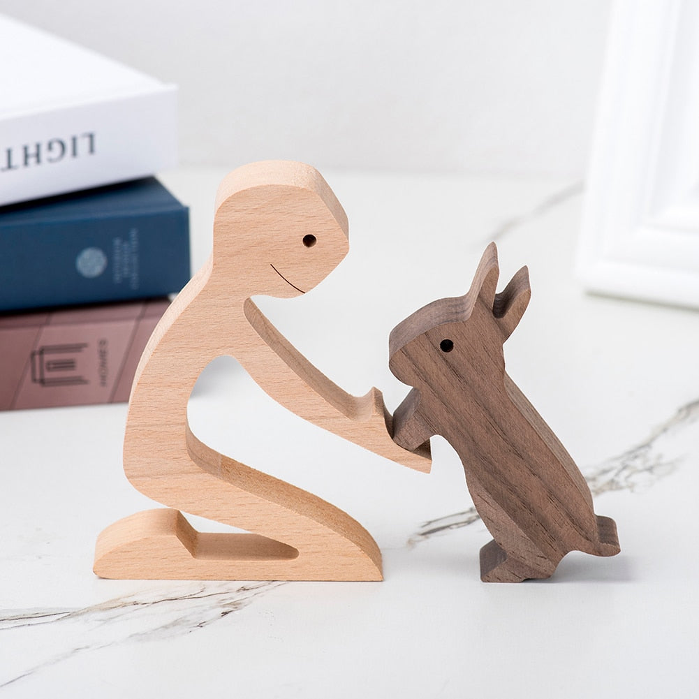 Family Puppy Wood Dog Craft Figurine Desktop Table Ornament