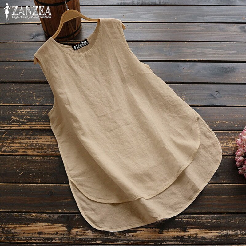 Women&#39;s Irregular Blouse ZANZEA 2022  Tanks Tops Casual Linen Blusas Female Sleeveless Chemise Summer Tee Shirts