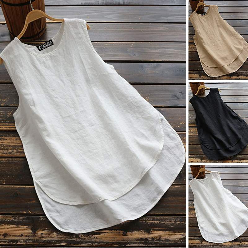 Women&#39;s Irregular Blouse ZANZEA 2022  Tanks Tops Casual Linen Blusas Female Sleeveless Chemise Summer Tee Shirts