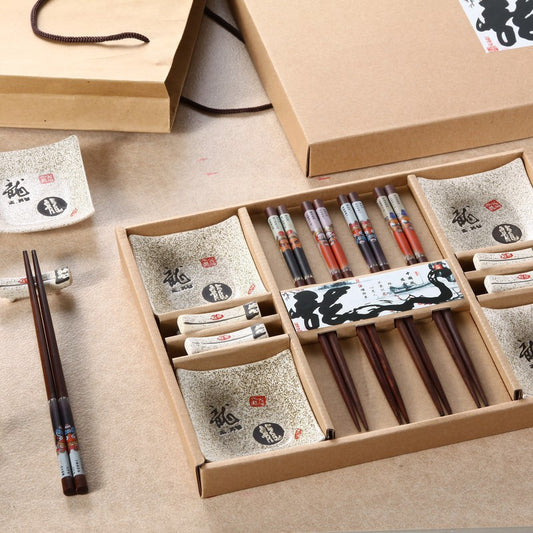 Gift Chopsticks Set 4 pairs of chopsticks + 4 rest + 4 saucer ceramic tableware models Japanese sushi Cutlery sets Lucky Cat - Shopy Max