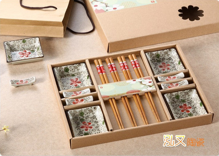Gift Chopsticks Set 4 pairs of chopsticks + 4 rest + 4 saucer ceramic tableware models Japanese sushi Cutlery sets Lucky Cat - Shopy Max