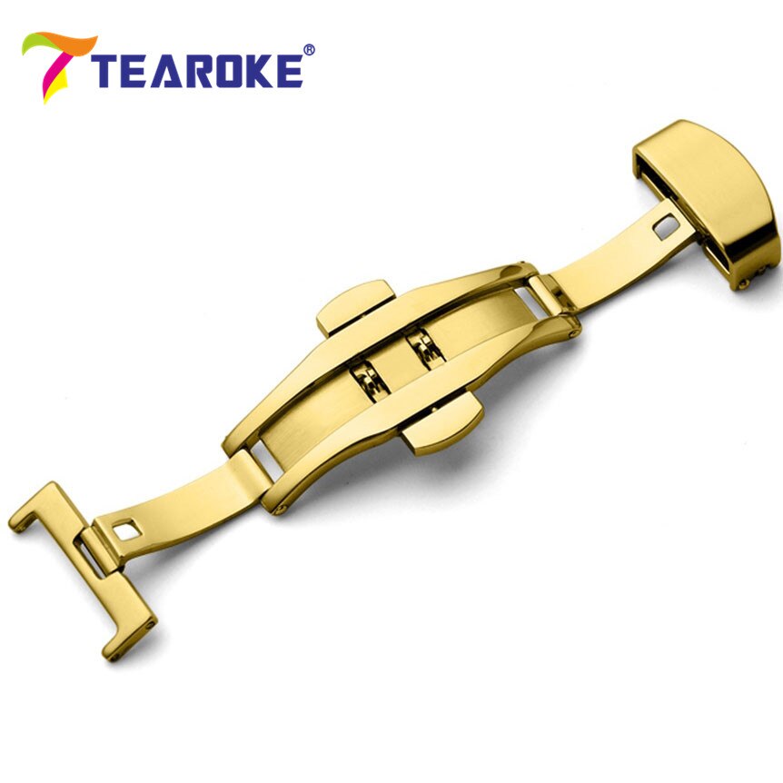 TEAROKE Butterfly Deployment Watch Band Buckle Double Push Button Fold Strap Clasp 12 14 16 18 20 22 24mm Black Rose Gold Silver