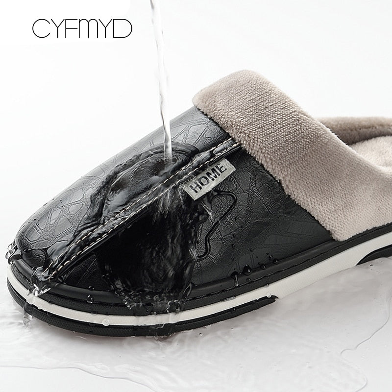 Men's slippers Home Winter Indoor Warm Shoes Thick Bottom Plush  Waterproof Leather House slippers man Cotton shoes 2021 New