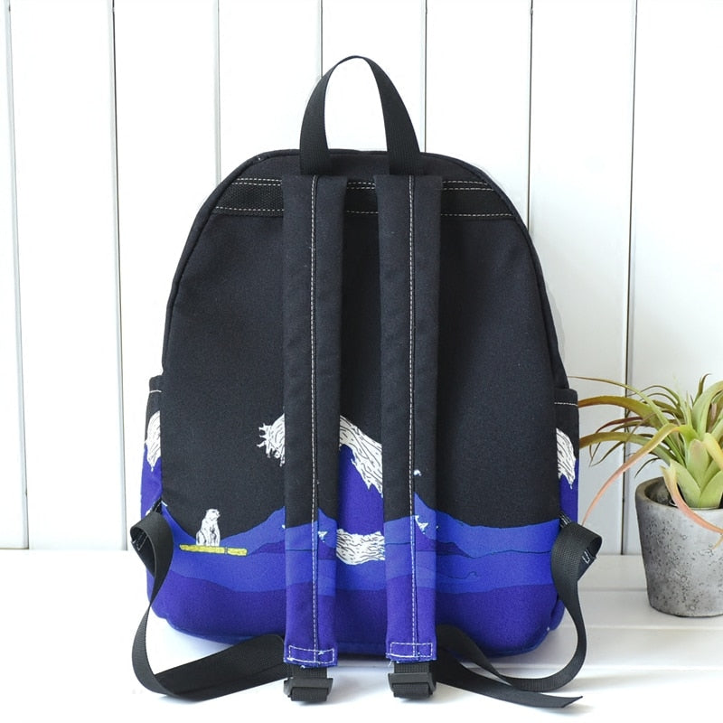 Moon Wood Women Backpack Black Blue Travel Bag Print Sea