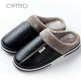 Men&#39;s slippers Home Winter Indoor Warm Shoes Thick Bottom Plush  Waterproof Leather House slippers man Cotton shoes 2021 New