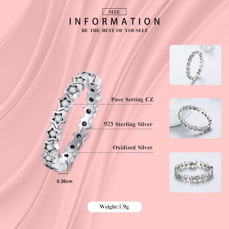 Luxury Original Delicate Solid 925 Sterling Silver stars Finger Ring Authentic