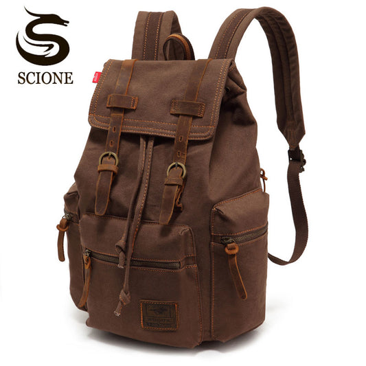 Scione Vintage Travel Backpacks Men Fashion Canvas School Laptop Drawstring