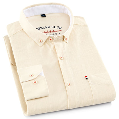 Men's Regular-Fit Shirt Cotton Line Long Sleeve Loose Business Dress Pure Color Button Shirt Men Blue White Tops Camisa Hombre L