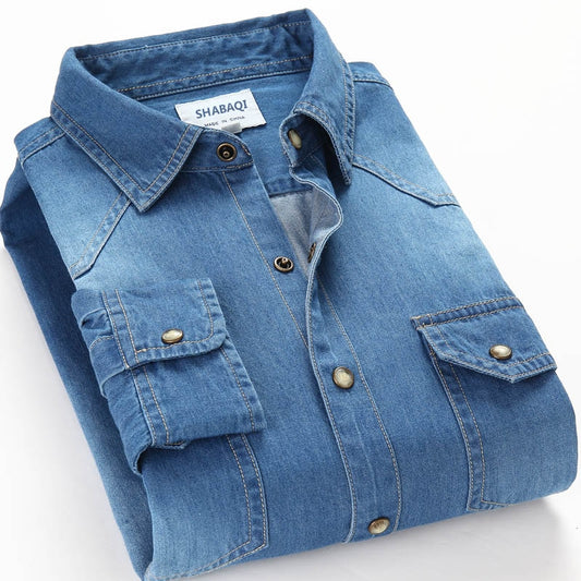 chinteon Spring Autumn Men Denim Thin Shirt Long Sleeve Soft 100% Cotton Two Pockets Slim Slight