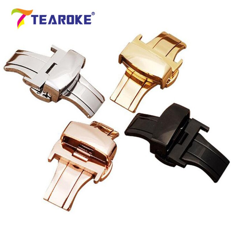 TEAROKE Butterfly Deployment Watch Band Buckle Double Push Button Fold Strap Clasp 12 14 16 18 20 22 24mm Black Rose Gold Silver
