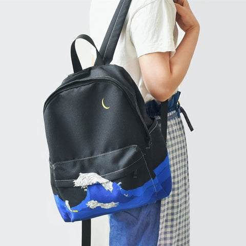 Moon Wood Women Backpack Black Blue Travel Bag Print Sea