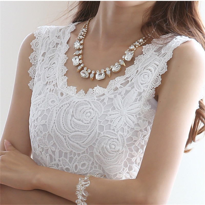 Elegant Women Lace blouse Shirts Sleeveless White Tops Female Clothing Ladies Blusas Casual Blouse Black Shirt - Shopy Max
