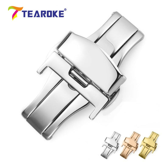 TEAROKE Butterfly Deployment Watch Band Buckle Double Push Button Fold Strap Clasp 12 14 16 18 20 22 24mm Black Rose Gold Silver