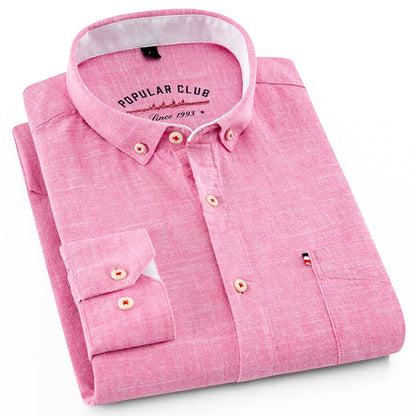 Men's Regular-Fit Shirt Cotton Line Long Sleeve Loose Business Dress Pure Color Button Shirt Men Blue White Tops Camisa Hombre L