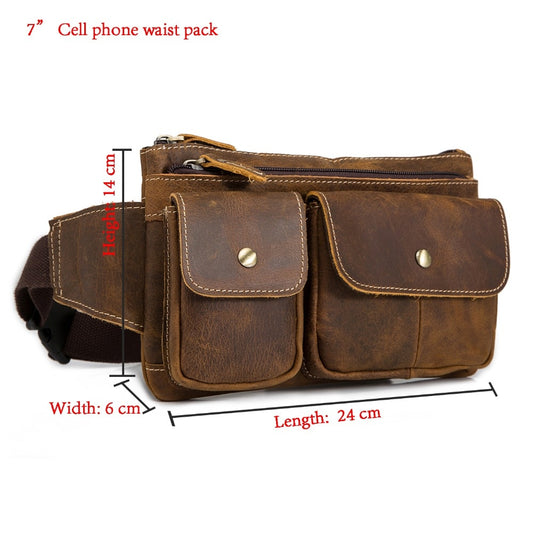 Original Leather men Casual Fashion Travel Waist Belt Bag Chest Pack Sling Bag Design Cell Phone Cigarette Case Pouch Male 9802