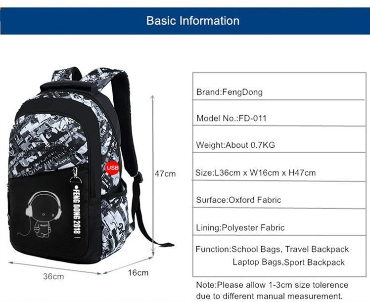 Fengdong boys school bags waterproof large backpack for teenagers